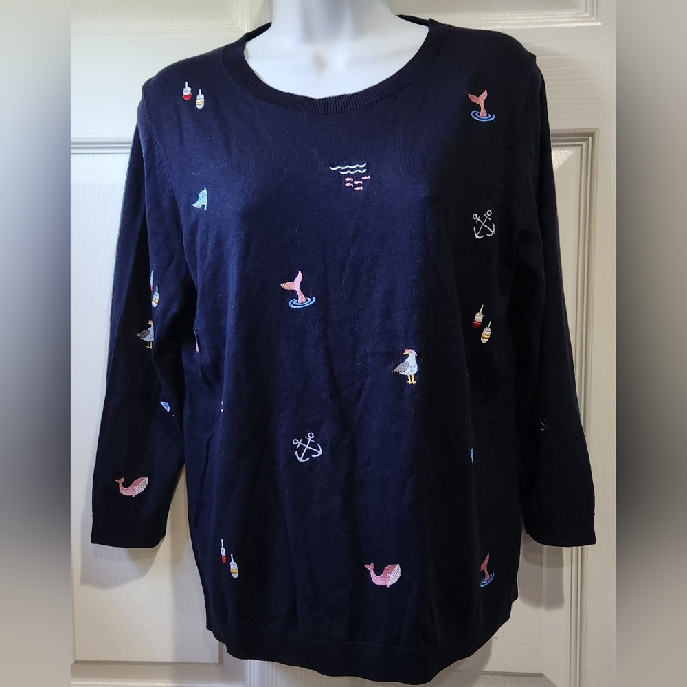 Talbots women's navy blue coastal themed lightweight sweater size Medium Petite